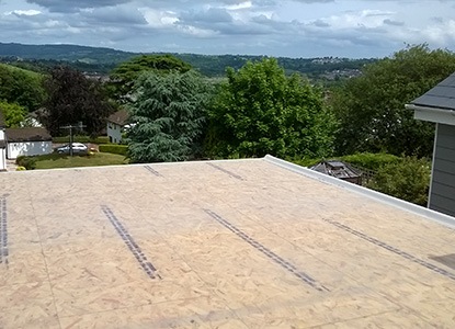 Fibreglass flat roof before the topcoat is applied.