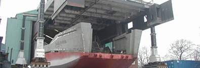 lifting a ship out of a shipyard