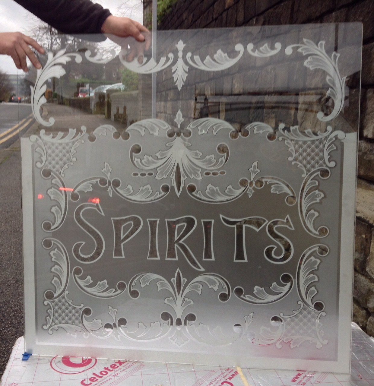 acid etched pub sign