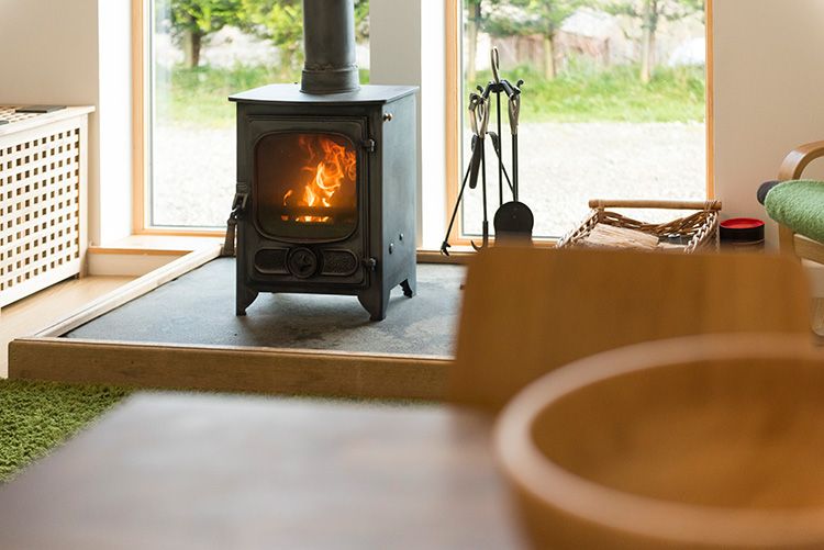 cosy log fire in front of window