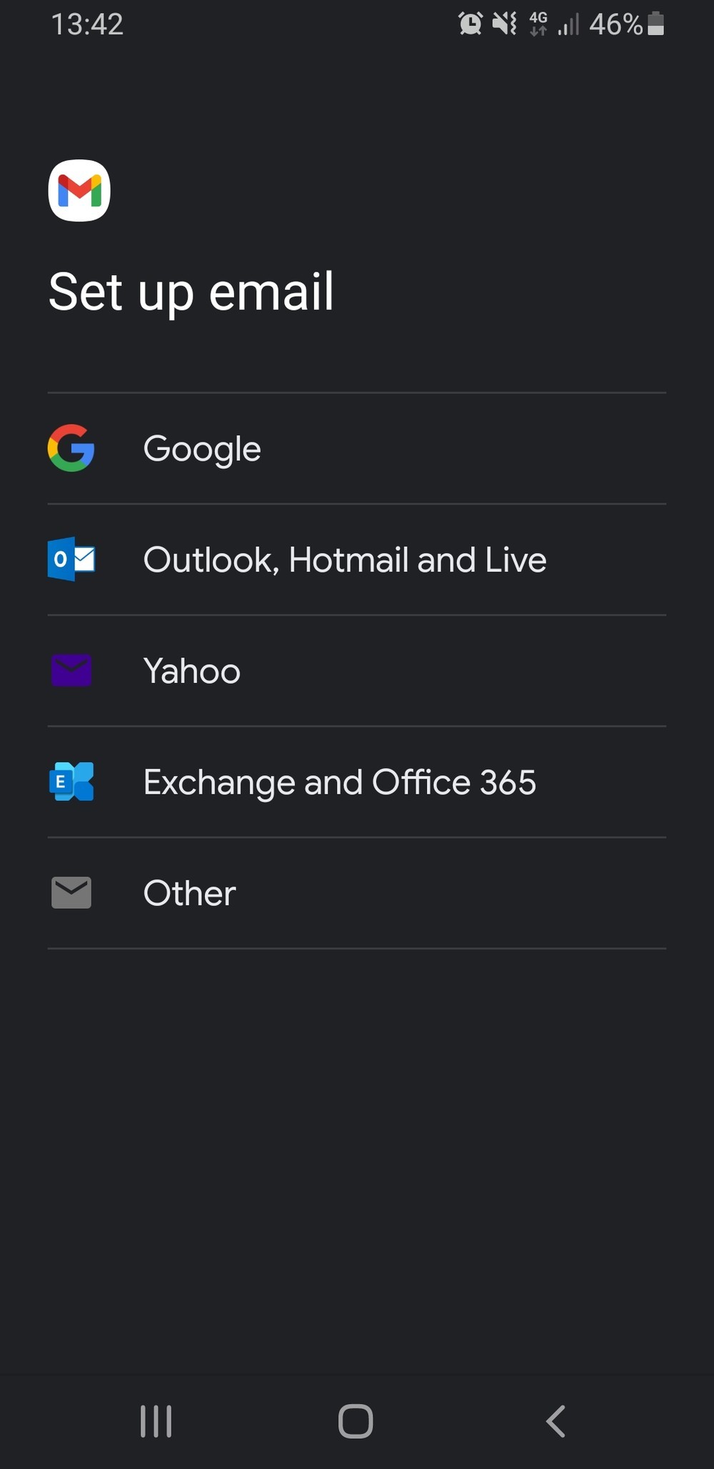 Add account section of the default Android mail app